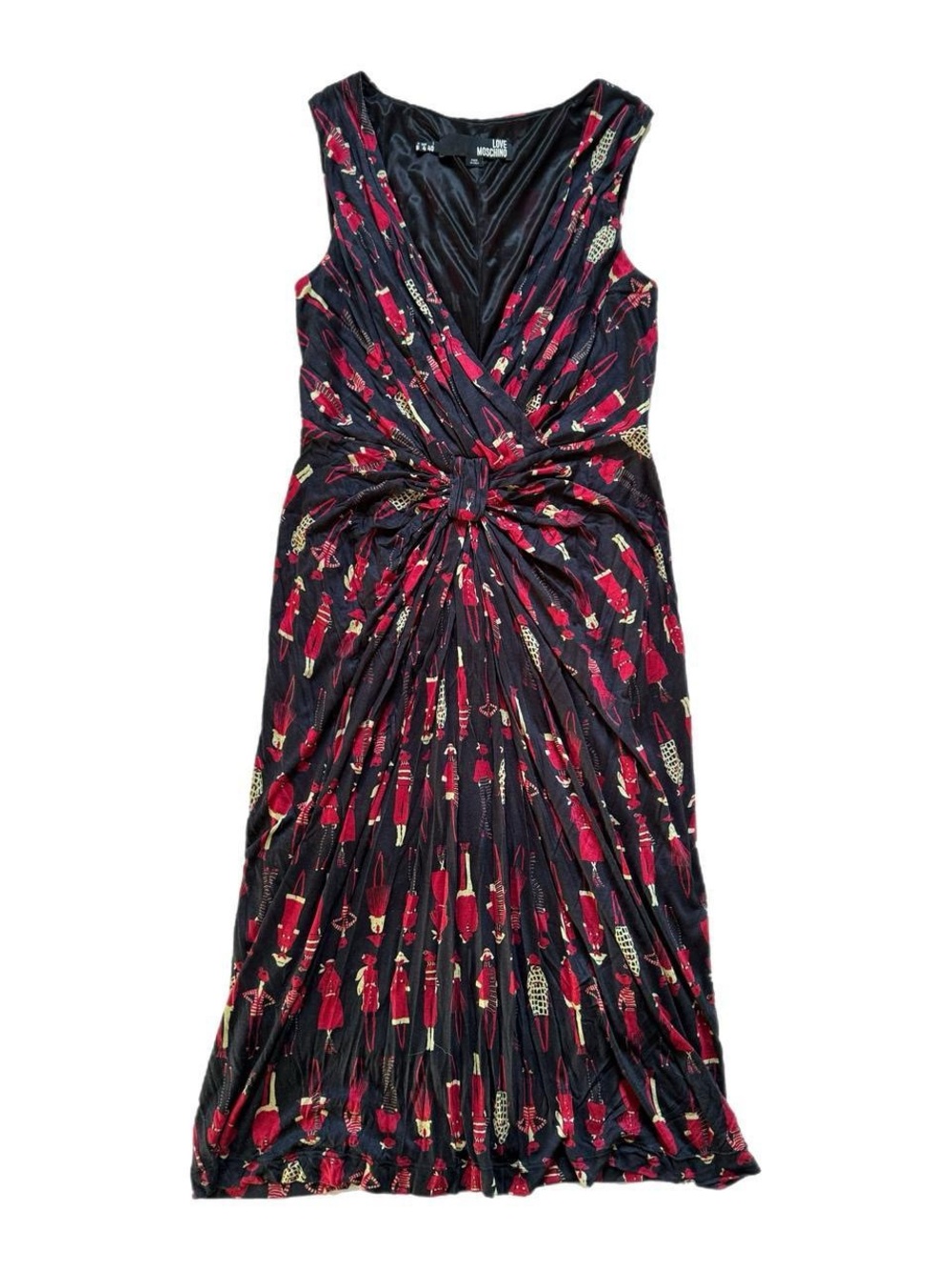 Love Moschino Black Midi Designer Dress with Retro Red & Gold Fasion Print